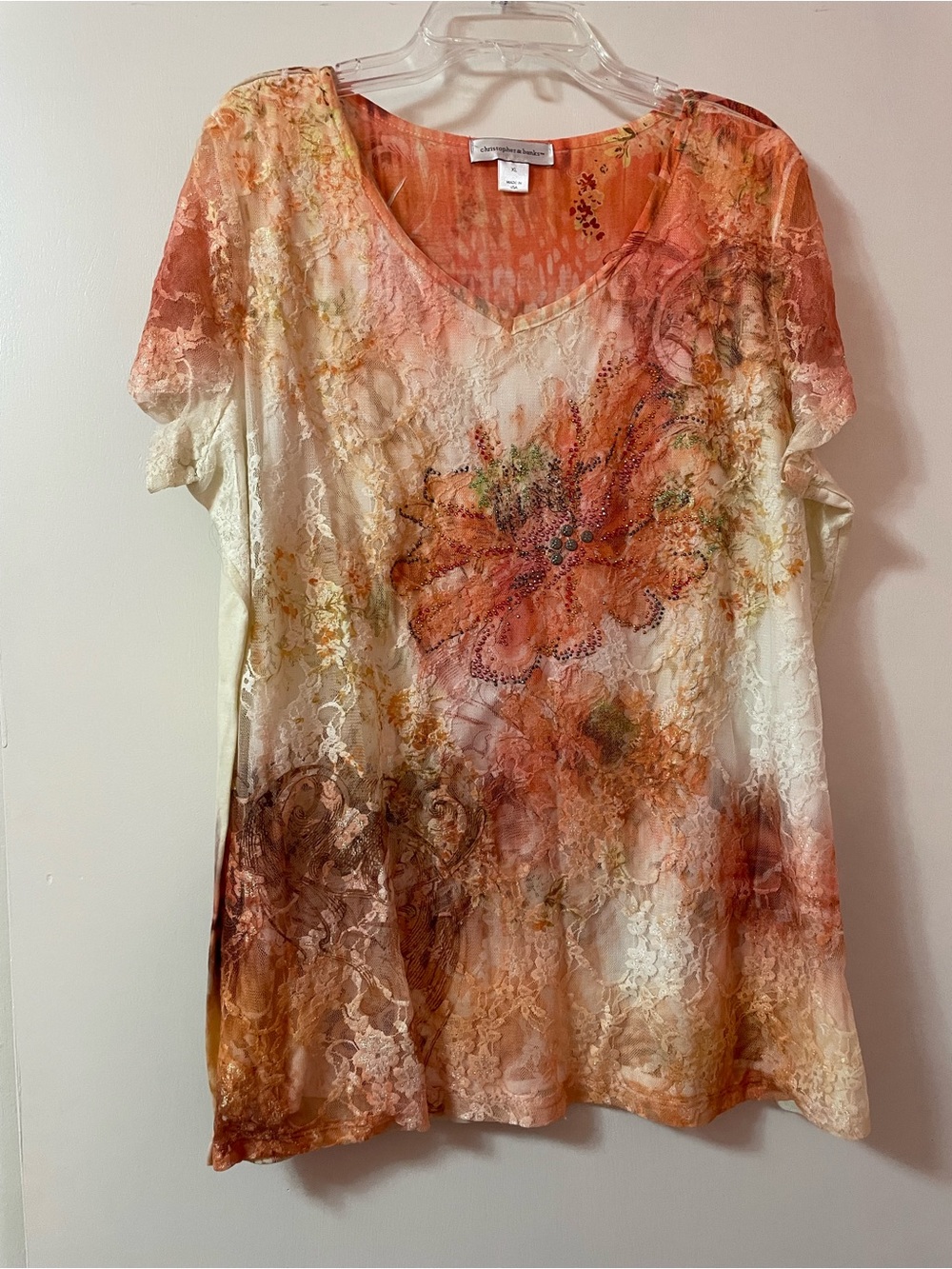 Y2K orange and cream fairycore floral print blouse with rhinestone lace
